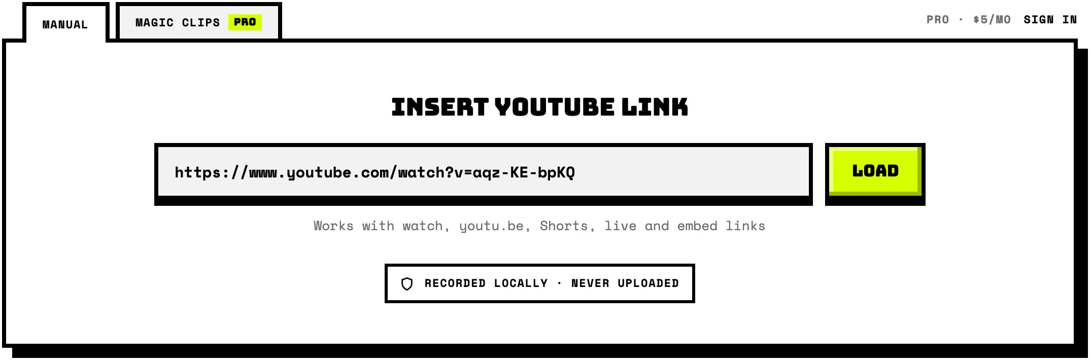Zclipper with a YouTube link pasted into its link field.