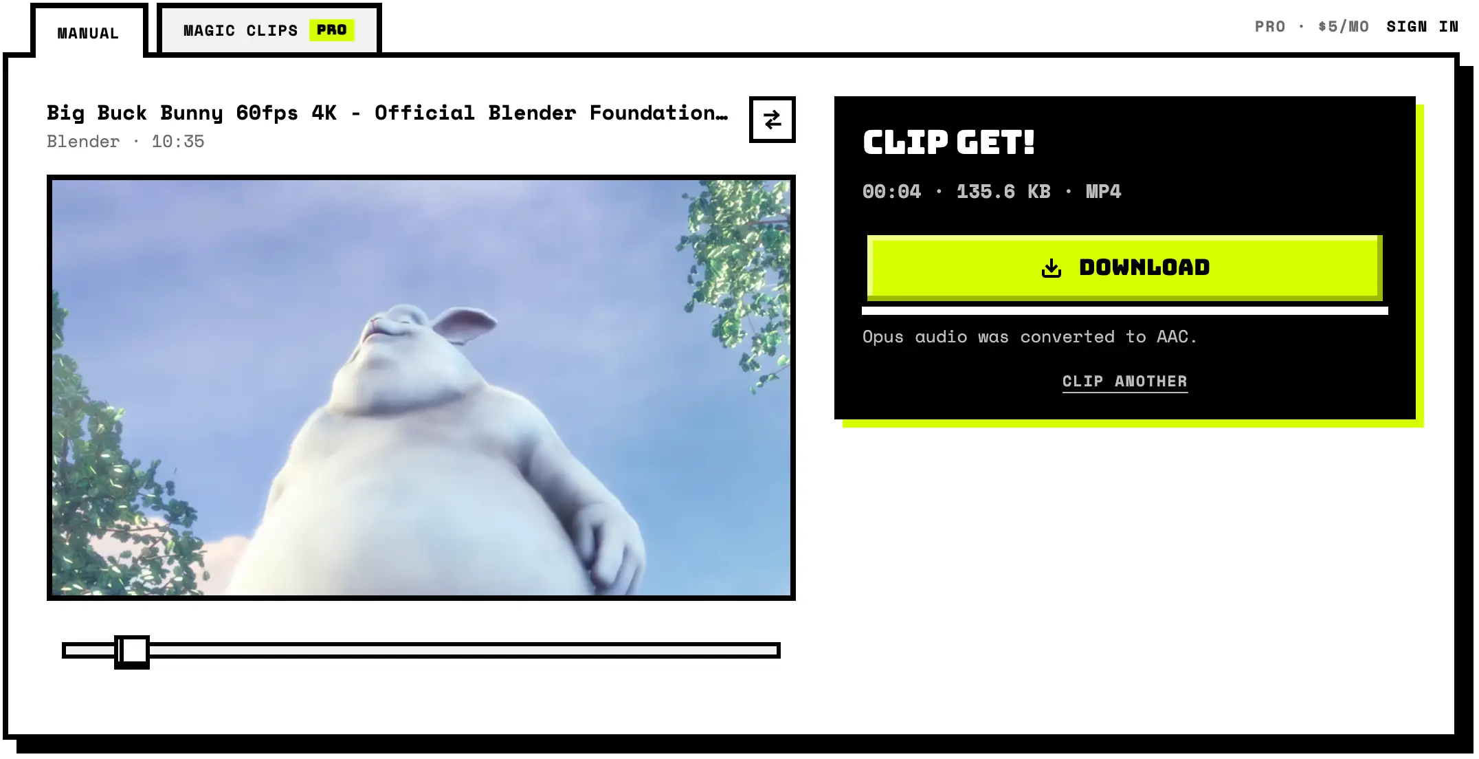 Zclipper with the recorded clip ready to download as an MP4.