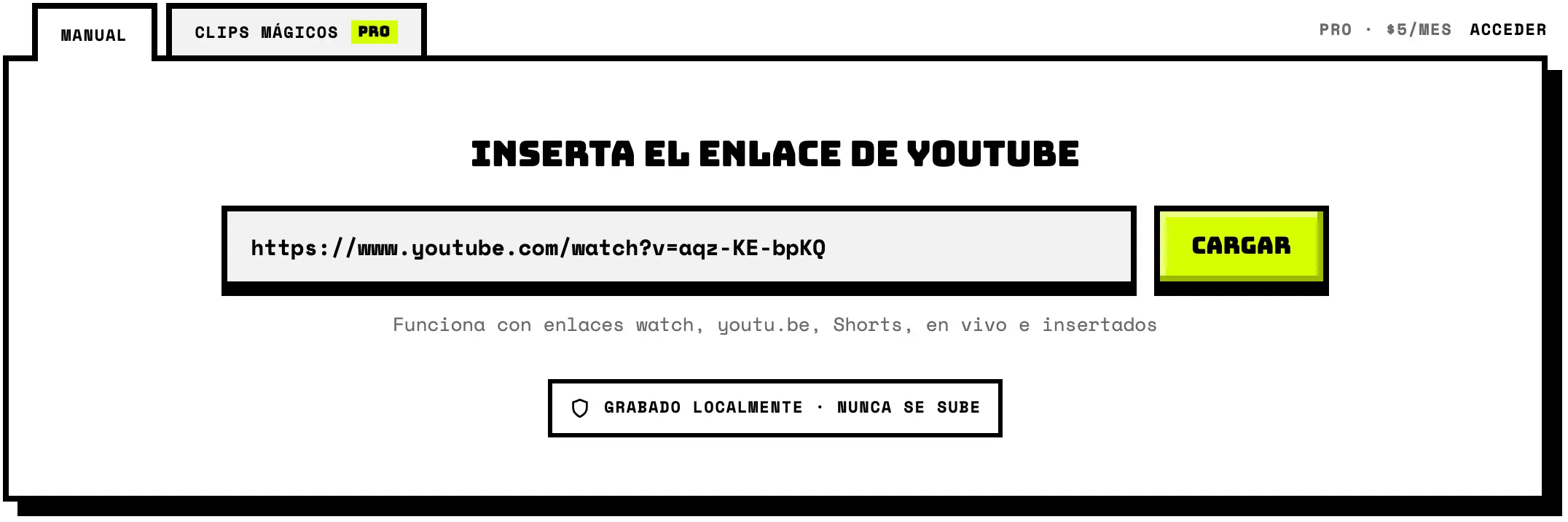 Zclipper con un enlace de YouTube pegado en el campo del enlace.