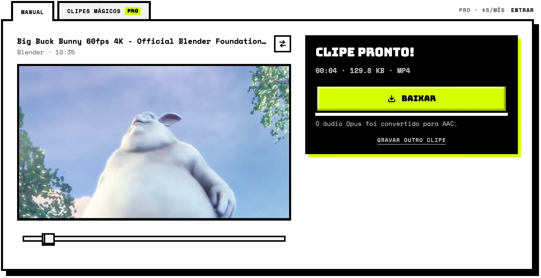 O Zclipper com o clipe gravado, pronto para baixar em MP4.